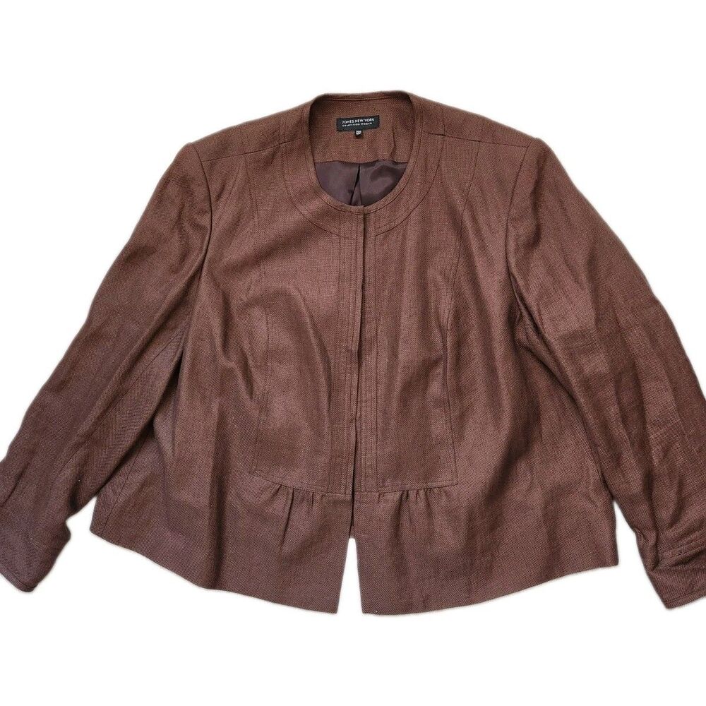 Jones New York Linen Blend Blazer Brown Scoop Neck Hidden Closure Lined 24W GUC